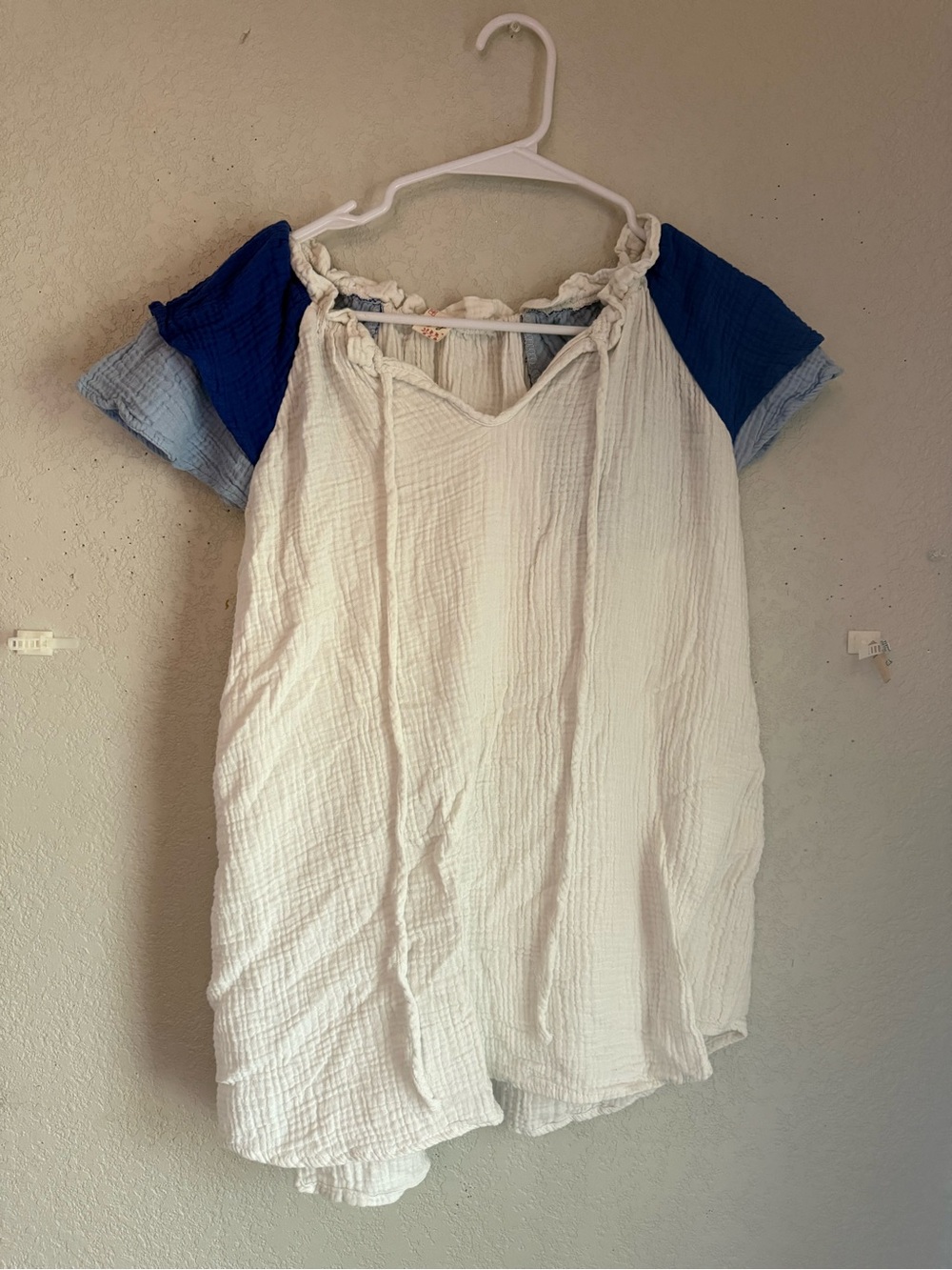 Boho Crinkle Gauze Blouse | Blue Tiered Flutter Sleeves | Size L/XL